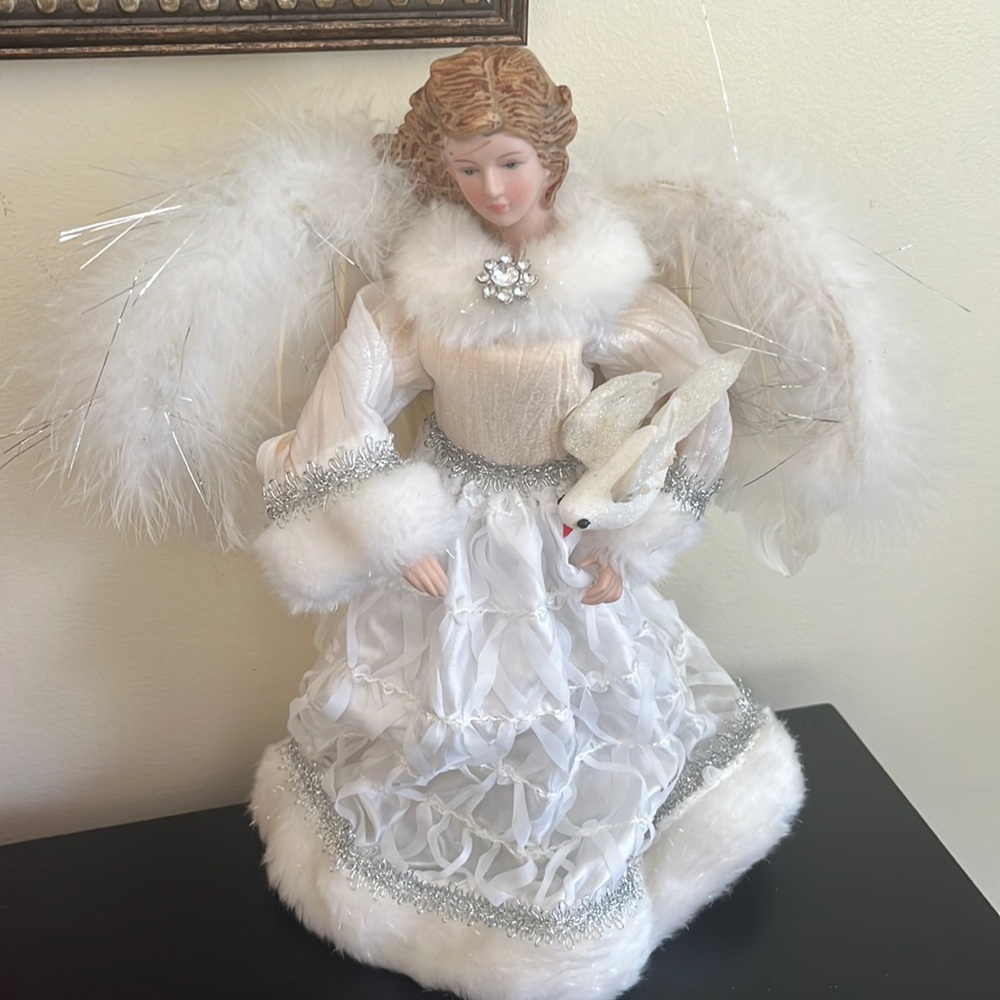 Vintage White Angel Christmas Tree Top Feather
